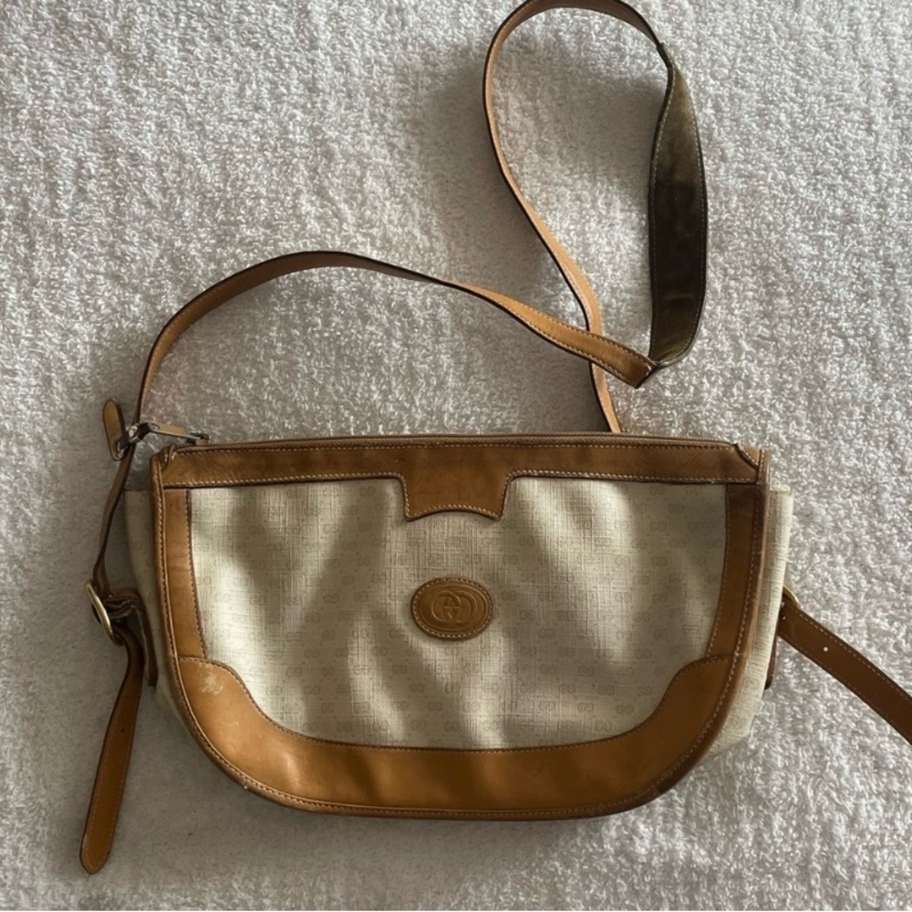 Gucci Beige and Tan Canvas Leather Crossbody Bag